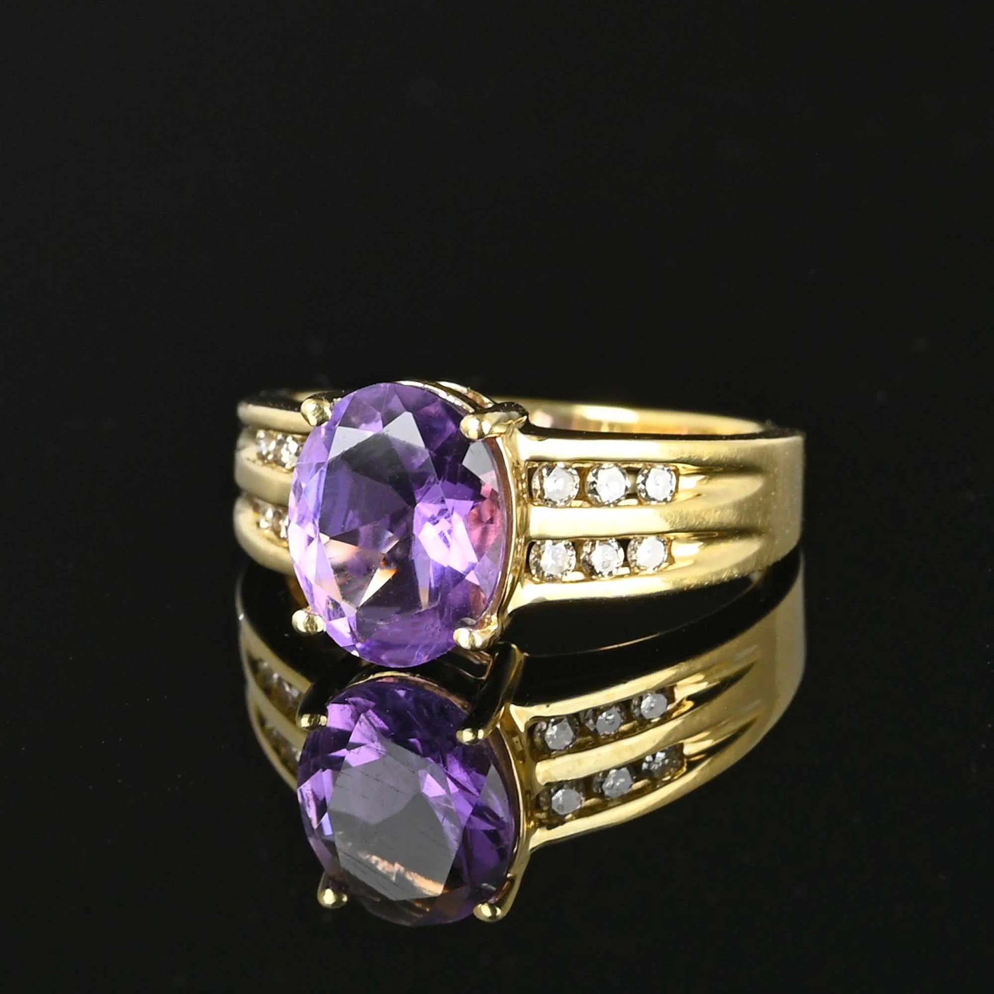 Wide 14K Gold Diamond and Amethyst Ring