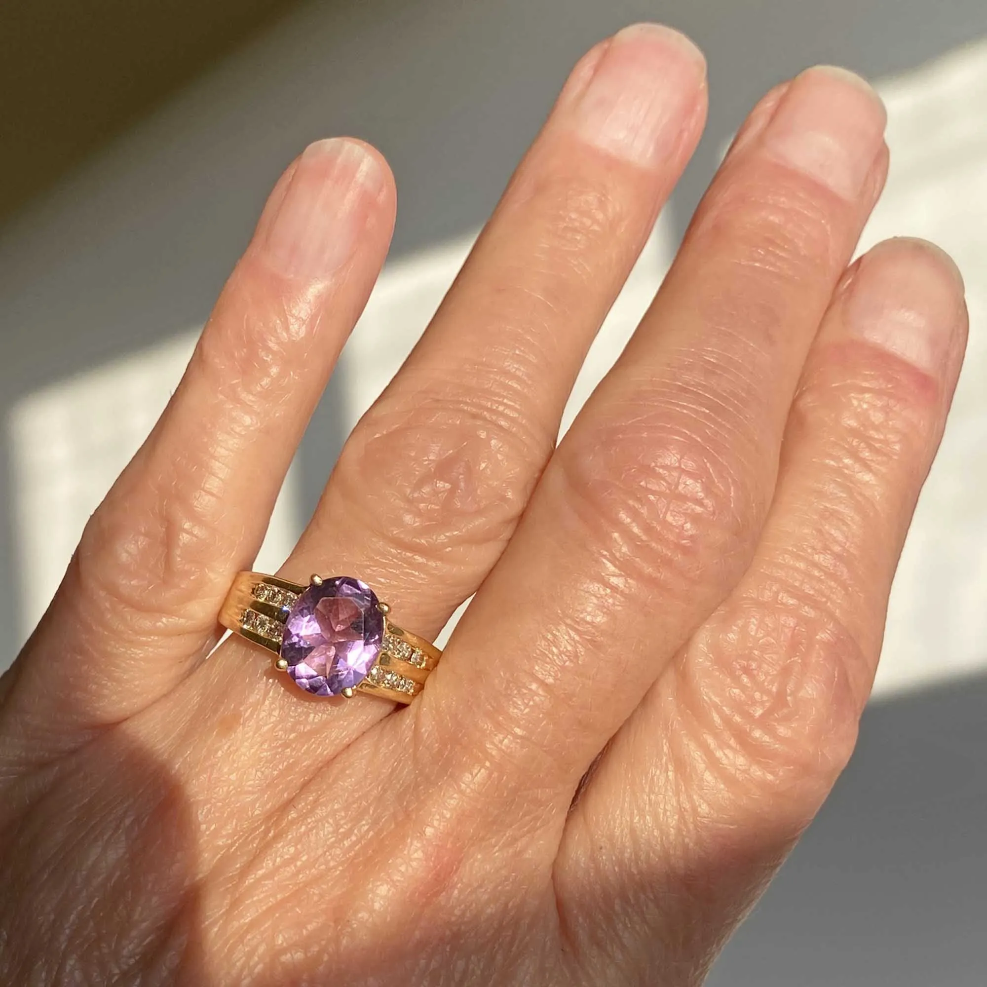 Wide 14K Gold Diamond and Amethyst Ring