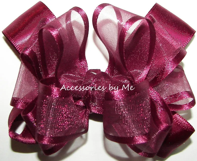 Wine Organza Satin Trim Hair Bow