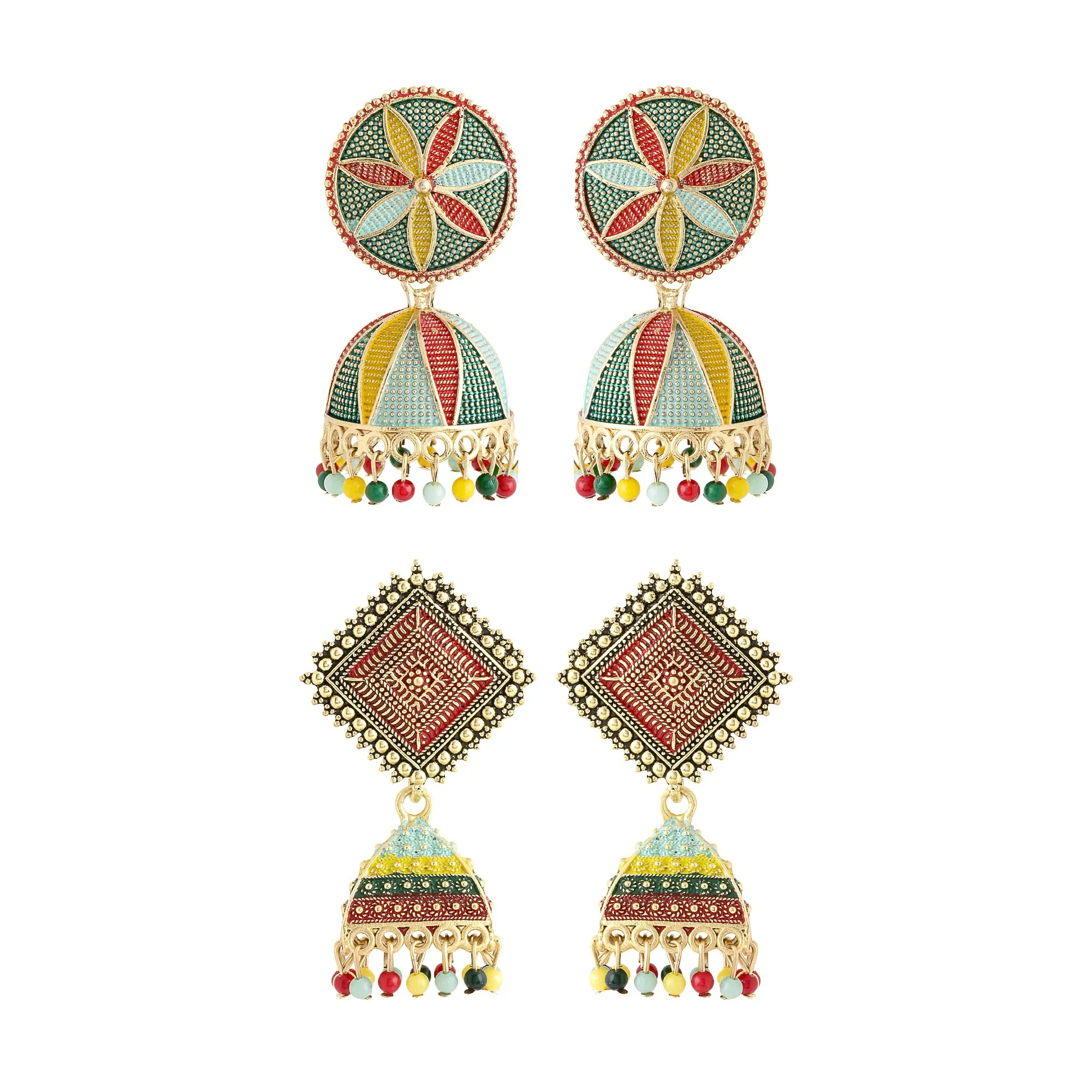 Yellow Chimes Earrings for Women and Girls Traditional Multicolor Jhumka Earrings Oxidised Gold Plated 2 Pairs Combo Big Jhumka Jhumki Earrings for women | Birthday Gift For Girls & Women